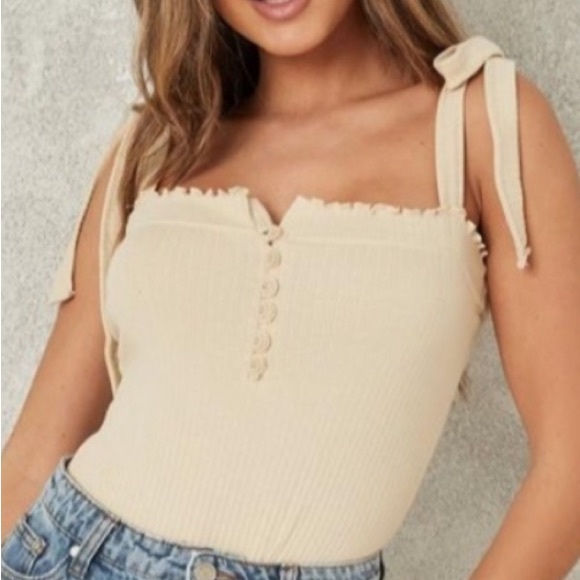 Beautiful Rib Knit Button Decor Lettuce Trim Across Top Tie Straps Bodysuit - Picture 5 of 7